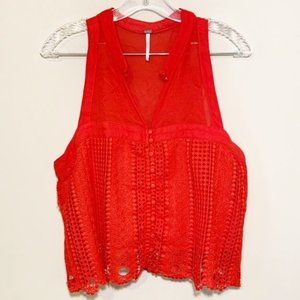 Free People Boho Red Lace Cropped Button Top Sz L